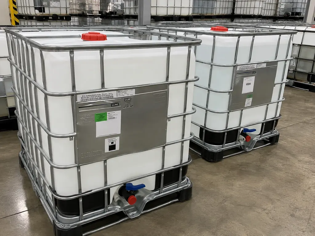 Two reconditioned 275 gallon IBC totes side by side on a warehouse floor, clear HDPE bottles in galvanised cages with red lids and blue ball valves