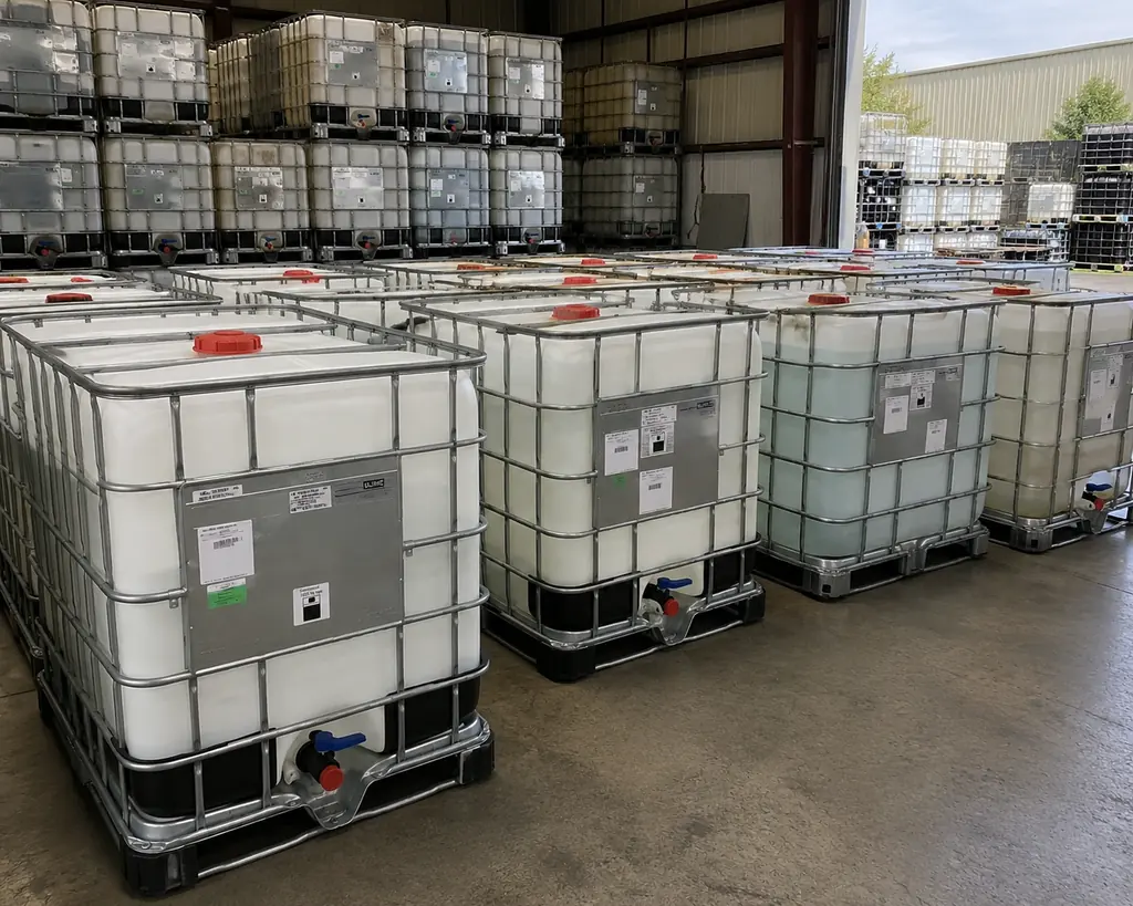 Rows of reconditioned IBC totes staged inside an open warehouse bay, with stacked containers behind and daylight through the roller door