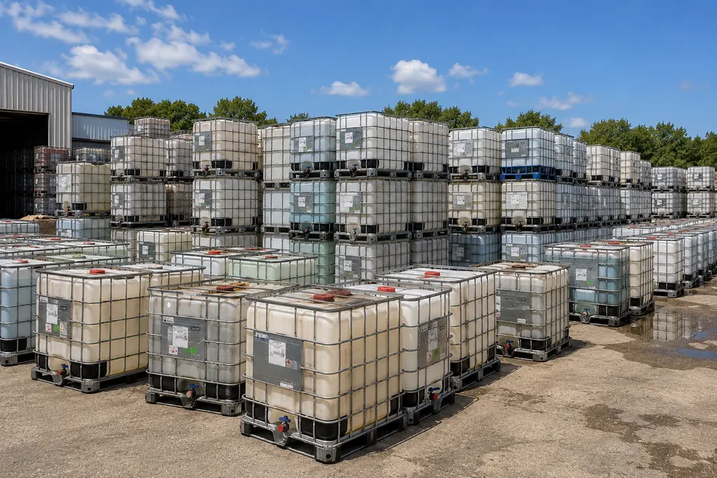 An outdoor container yard under a blue sky, with IBC totes stacked several high in long rows across a gravel lot