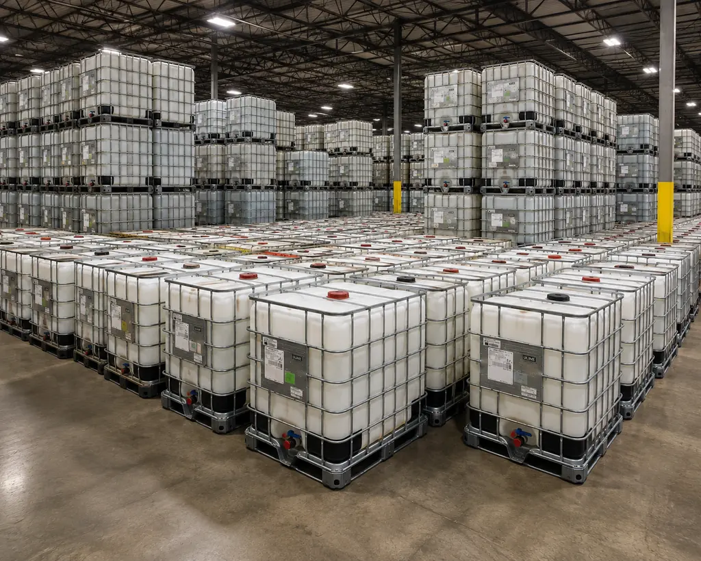A wide view down a warehouse filled with hundreds of IBC totes stacked in rows under overhead lighting